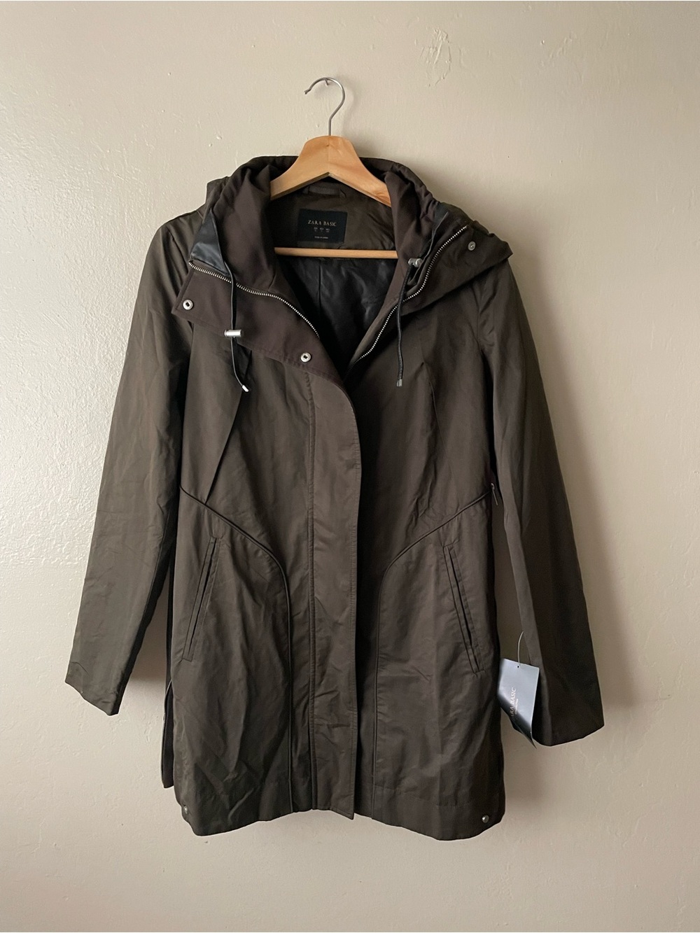Zara Basic Hooded Full zip Coat in Dark olive green